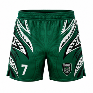 Shorts sublimés pour hommes du club de rugby Te Arawa, vert, noir, blanc, motif géométrique, séchage rapide, taille élastique, 100% polyester - Product Image 1