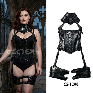Underbust Steelboned Black <b>PVC</b> Harness Corset Set Including Neck And Thigh Harness - Product Image 5