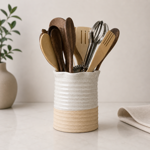 Porte-ustensiles en céramique artisanale, double couche, finition texturée, résistant à la chaleur, grande capacité, organisateur de cuisine - Product Image 1