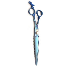 Ciseaux de barbier professionnels en acier inoxydable bleu plasma, lame fine et pointue avec design en os de poisson et manche dragon - Product Image 5