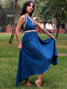 Robe longue bohème élégante à col halter en coton biologique et lin respirant, collection 2026, prix usine - Product Image 6