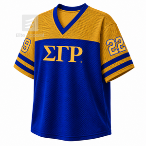 Camiseta personalizada de la hermandad Sigma Gamma Rho con cuello en V, bloques de color, manga corta, azul y dorado, estilo casual para mujer, de malla de poliéster. - Product Image 2