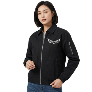 <b>Men's</b> Black Bomber <b>Jacket</b> Canvas Breathable Windproof with Logo Zipper Front Streetwear Style Autumn Wear - Product Image 2
