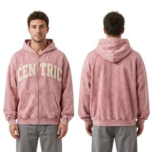 Sudadera con capucha y cremallera completa personalizada con letras universitarias, de algodón polar, rosa con lavado ácido, con estampado en el pecho, estilo universitario retro, para streetwear - Product Image 3