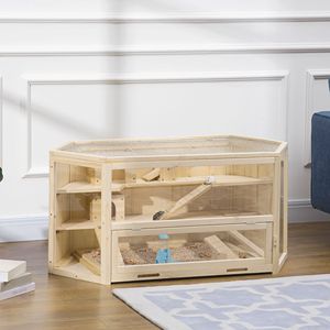 Grande cage à hamster en bois à 3 niveaux avec toboggan d'activités, échelle et gamelle pour l'élevage des petits animaux - Product Image 2