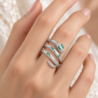 Three Coil Snake 925 Sterling Silver Zircon Ring with Green Eye Stones Clear Head Accents and Scale Detail