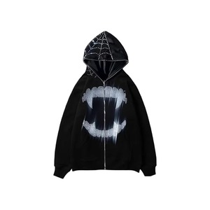 Sweat-shirt à capuche zippé noir pour homme avec strass, coupe oversize, en polaire, style gothique streetwear, veste d'hiver - Product Image 5