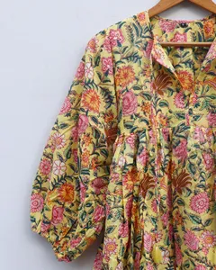 Vestido Mini Casual de Verano para Mujer, Estilo Boho, Amarillo, de Algodón, con Estampado Floral a Mano, Cuello con Lazos, Manga Abullonada, Corte Holgado - Product Image 2