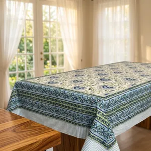 Mantel de Algodón Premium con Estampado Clásico, Diseño Floral Cuadrado, Tejido a Mano, para Uso Doméstico, Borde a Rayas Azul Verde - Product Image 3