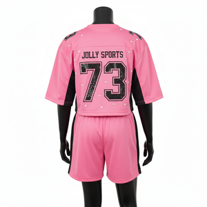 ชุดเสื้อฟุตบอลหญิง กางเกงขาสั้น ผ้าโพลีเอสเตอร์ GSM ทอแบบอินเตอร์ล็อค ระบายอากาศได้ดี สีชมพู-ดำ  พร้อมปักโลโก้ตามสั่ง ชุดผู้หญิง ผ้าฝ้าย 100% - Product Image 2