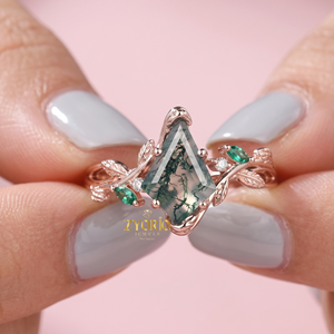 Kite Cut Moss Agate <b>Ring</b> 14K Gold Botanical Engagement <b>Ring</b> Green Moss Agate Emerald Accent <b>Fine</b> Jewelry <b>Ring</b> - Product Image 1