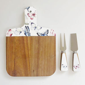 Butterfly Pattern Eco-Friendly <b>Wooden</b> Chopping Board Cheese Knife Set Rectangle Handle Design Mango Wood Floral Print Dishwasher - Product Image 1