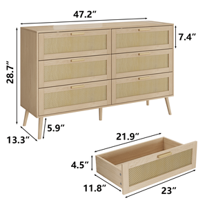 Modern <b>6</b>-<b>Drawer</b> Dresser with Wide Wood Handles Rattan Chest of <b>Drawers</b> for Bedroom <b>6</b> <b>Drawers</b> Chest of Dressers - Product Image 5