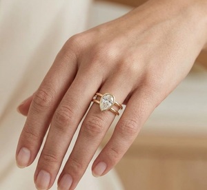 Pear Cut Engagement <b>Ring</b> 18K Yellow Gold Bezel Set Double Band Wedding <b>Ring</b> Lab Grown Diamond Teardrop Solitaire Unique Jewelry - Product Image 3