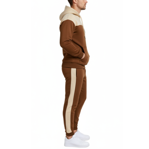 Survêtement homme bicolore marron et crème de qualité supérieure – Sweat à capuche et pantalon de jogging assorti - Product Image 3