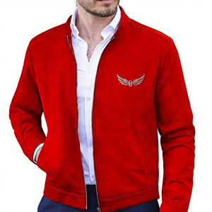 <b>Men's</b> Black <b>Jacket</b> Stand Collar Zipper Front Embroidery Logo <b>Smart</b> Casual Autumn Wear Regular Fit - Product Image 3