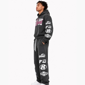 Private Label Trendy Acid Washed Unisex Tracksuit Winter Midweight Hooded 2 Piece Loose Fit Fashion Set Distressed Vintage Set - Product Image 4