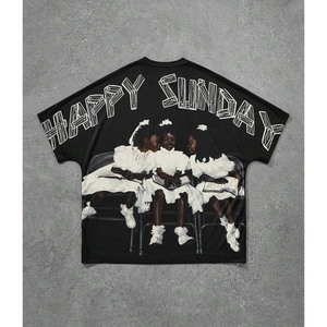 Vêtements pour hommes, T-shirt imprimé avec motif de lettres Happy Sunday, col rond, style Y2k, décontracté et élégant, pour l'été, en plein air, à manches courtes - Product Image 1