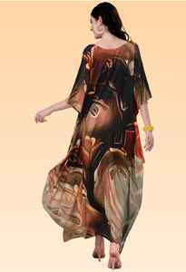 Robe Kaftan Courte pour Femme – Imprimé Paon Ethnique Jaune et Vert, Tunique Ample Festive - Product Image 4