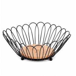 Corbeille à fruits en fil métallique avec base en bois, design minimaliste, en fer noir, pour rangement de comptoir de cuisine, vente en gros - Product Image 1