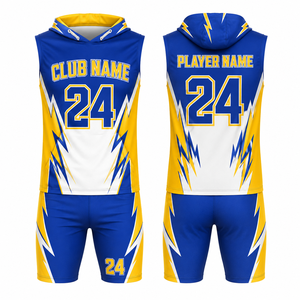 Conjunto de Uniforme de Baloncesto Sublimado Personalizado, Azul, Amarillo y Blanco, 24 Unidades, Transpirable, Unisex para Adultos, con Capucha, Servicio OEM, Sin Costuras - Product Image 1