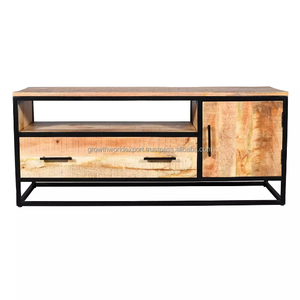 Console multimédia en bois de manguier massif au design industriel avec porte coulissante - Meuble TV moderne pour le rangement du salon d'appartement et de villa - Product Image 4