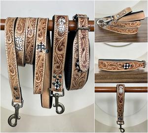 Nouveau collier de chien en cuir à carreaux réglable à la main écologique laisse et plomb en cuir véritable 3 pièces ensemble assorti pour chiens - Product Image 3