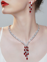 Parure de bijoux de luxe avec boucles d'oreilles pendantes et collier à pampilles en zircon cubique rouge, blanc et vert pour femme, accessoires de mariage et de cérémonie