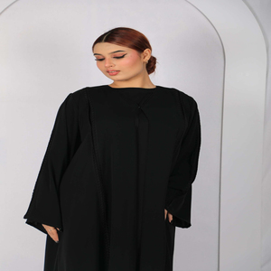 Flowing <b>Black</b> Abaya Women's Modest Long Sleeve Muslim <b>Dress</b> <b>Floor</b> <b>Length</b> Lace Trim Round Neck Prayer and Casual Wear - Product Image 1