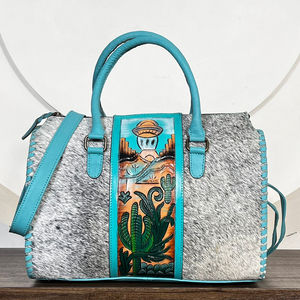 Western <b>Tooled</b> Genuine Cowhide <b>Leather</b> Large Speedy Bag Premium Pattern Hair-On Hide Crossbody Handmade Designer Duffel Bags - Product Image 5