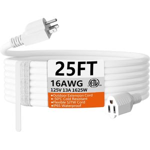 Cavo di prolunga bianco da 25 piedi, calibro 16, per interni/esterni, impermeabile, flessibile per climi freddi, 13A 1625W, cavo elettrico a 1 polino - Product Image 1