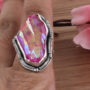 Bague en argent sterling 925 sertie de druzy rose scintillant en gros pour femmes, bijoux de déclaration scintillants en cristal pour les fêtes - Product Image 1