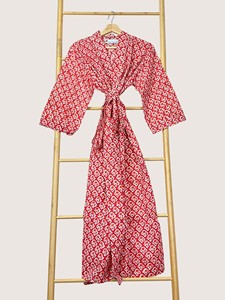 Bata Larga Estampada Floral para Mujer, Manga Corta, Cuello Mandarín, 100% Poliéster, Suave, Informal, para Verano, con Cierre de Cordón - Product Image 2