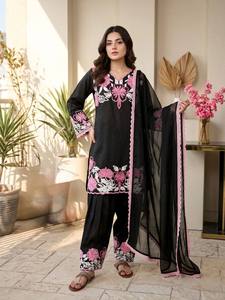 Black Floral Embroidered Cotton <b>Kurti</b> Women Traditional <b>Indian</b> Pakistani Outfit Loose Fit Ankle-Length Casual Wear - Product Image 3