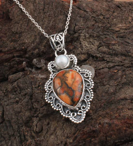 Collar con Dijes de Piedras Preciosas de Ostra Espinosa, Unisex, al por Mayor, con Engaste Vintage de Plata de Ley 925, Turquesa, Cobre Naranja y Perla - Product Image 3