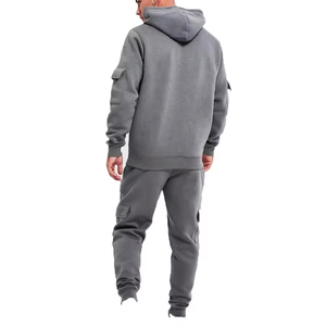 Men Grey Hooded <b>Tracksuit</b> Set Cargo Pockets Full Sleeve Casual Sweatshirt And Pants Solid Color 100 Cotton Autumn Wear - Product Image 3