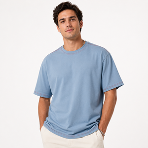 Camiseta Extra Grande para Hombre, 100% Algodón, Azul Sólido, Manga Corta, Casual, Transpirable, Corte Regular, Cuello Redondo - Product Image 2