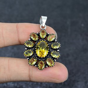 Vintage Flower Pendant Oval Yellow <b>Citrine</b> Topaz Stones Antique Silver Plated Alloy Channel Setting Unisex Bohemian Style Charm - Product Image 1