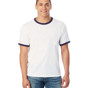 T-shirt blanc à manches courtes pour homme avec bordure contrastante jaune Coupe classique Décontracté Col rond Couleur unie Coton tricoté - Product Image 6