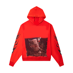 Sudadera con Capucha Roja para Hombre, Estilo Urbano Oversize, Estampado de Esqueleto Leyendo Periódico, Diseño de Llama en la Manga, Ropa de Otoño - Product Image 1
