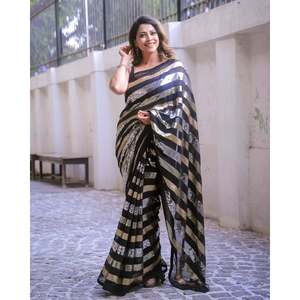 Saree de soirée de créateur avec un superbe travail de broderie à triple séquence - Product Image 5