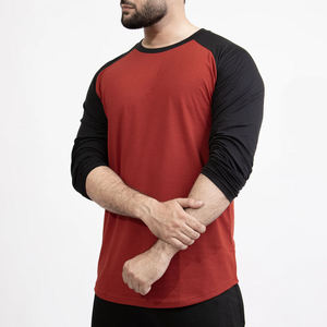 Men's Red Black Raglan Sleeve O-Neck T-Shirt Casual Knitted Oversized Fit Solid Color Long Sleeve Front <b>Logo</b> - Product Image 3