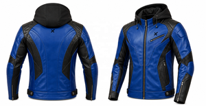 Blouson de moto en cuir à capuche sport |   Bicolore bleu vert rouge noir |   Fabricant OEM ODM |   Qualité de conception haut de gamme |   Course automobile - Product Image 3
