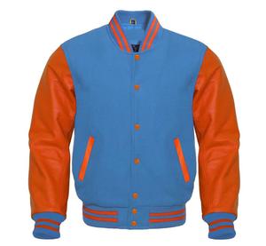 Blouson Bomber Varsity en Laine Noire avec Patchwork Géométrique, Col Montant et Capuche, Manches Orange - Product Image 3