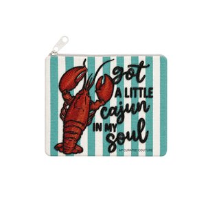 กระเป๋าใส่เหรียญปักลายกุ้งล็อบสเตอร์ "Got A Little Cajun In My Soul" สีเขียวอมฟ้าลายทางสีขาว ปิดซิป ใช้ได้ทั้งชายและหญิง กระเป๋าใส่เหรียญประดับลูกปัด - Product Image 1