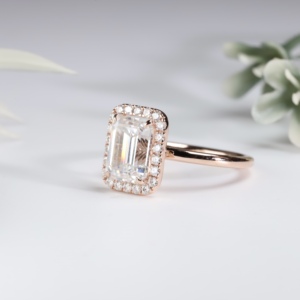 Anillo de compromiso de oro rosa con corte esmeralda, cultivado en laboratorio, clásico, con pavé, halo, solitario, banda de boda, joyería fina nupcial, regalo para mujer, fiesta - Product Image 4