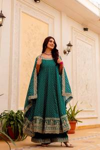 Designer Embroidery And Real Mirror Work Bandhani Vichitra <b>Silk</b> Gown With Plazzo Bottom And Lehariya Dupatta Ready To Wear Set - Product Image 2