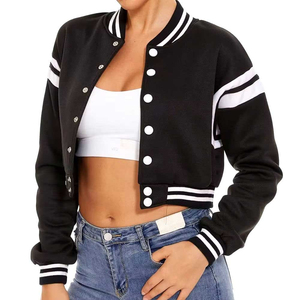 Black Cropped Varsity Jacket With White Stripes <b>Button</b> Front Slim Fit Casual College Style Outerwear For Women And Men - Product Image 6