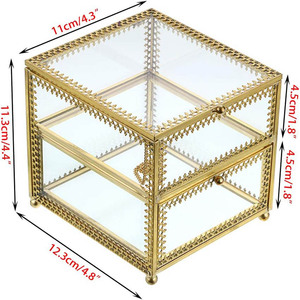 Vintage Glass Jewelry <b>Trinket</b> <b>Box</b> - Geometric Golden Vanity Organizer holder with Drawer, Decorative Jewelry Display Glass <b>Box</b> - Product Image 3