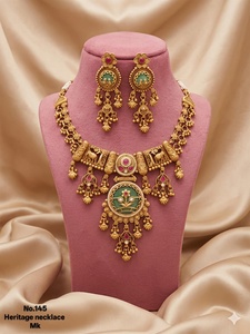 No.145 Gold Statement Necklace Set With Green <b>Crystal</b> And Pink Rhinestone Tassel Design For Women Wedding Jewelry - Product Image 2